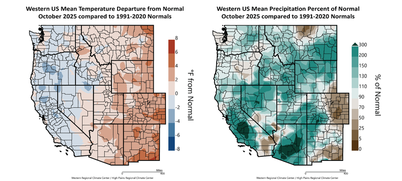 October 2025 Temperature and Precipitation Departures from Normal