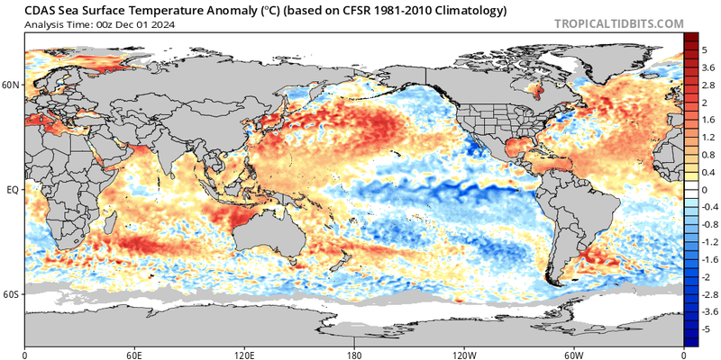 Sea Surface Temperature Departures December 1, 2024