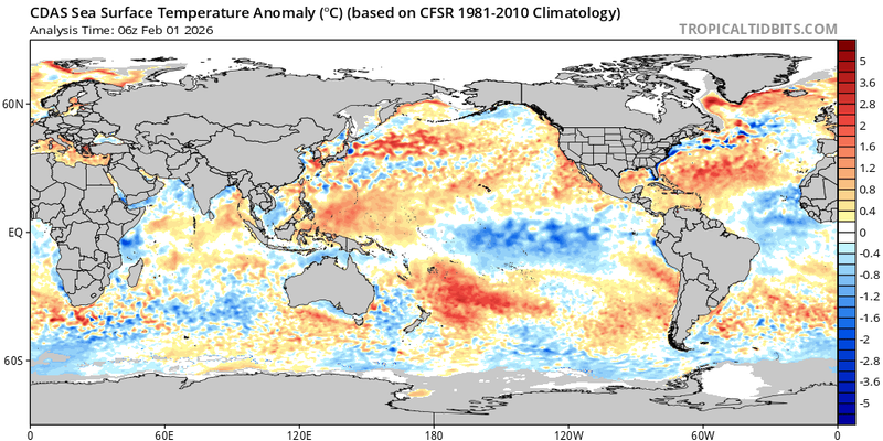 Sea Surface Temperature Departures February 1, 2026
