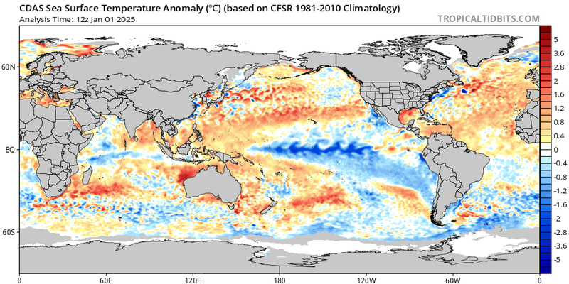 Sea Surface Temperature Departures January 1, 2025